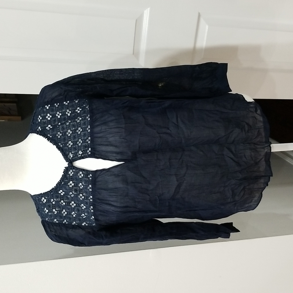 J.Crew Navy Lace Upper Long Sleeve Light Blouse